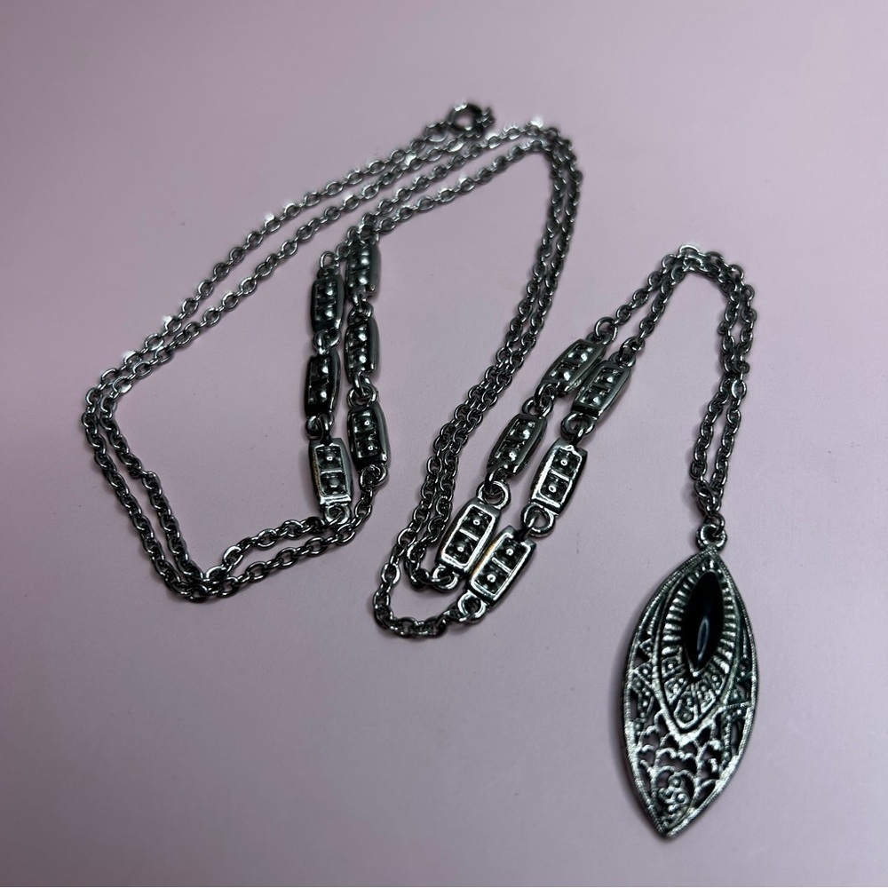 Vintage Long Silver Tone Pendant Necklace